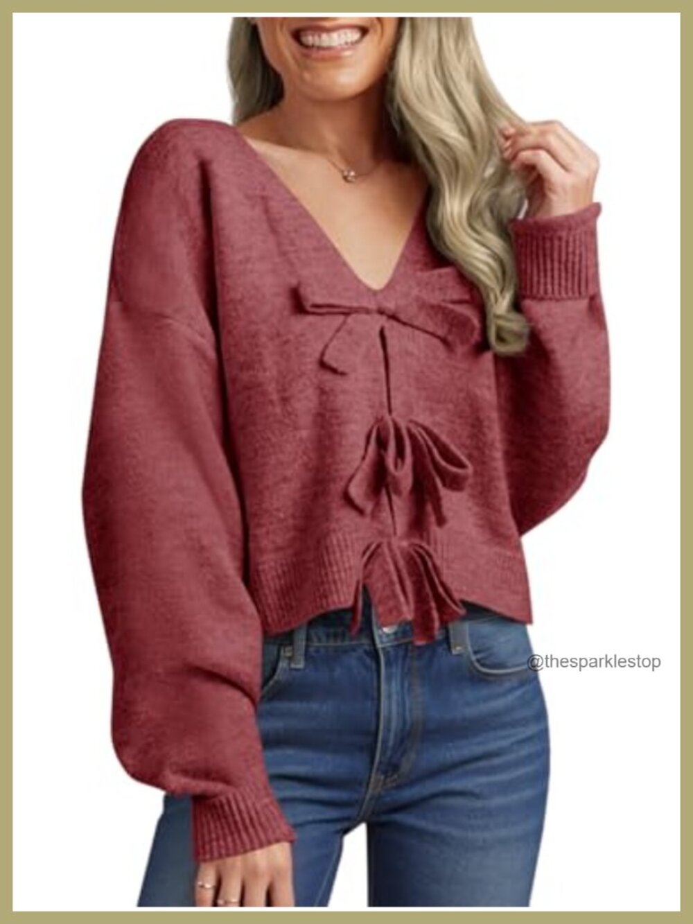 Womens Cropped Bow Sweater V Neck Long Sleeve Pullover Loose Fit